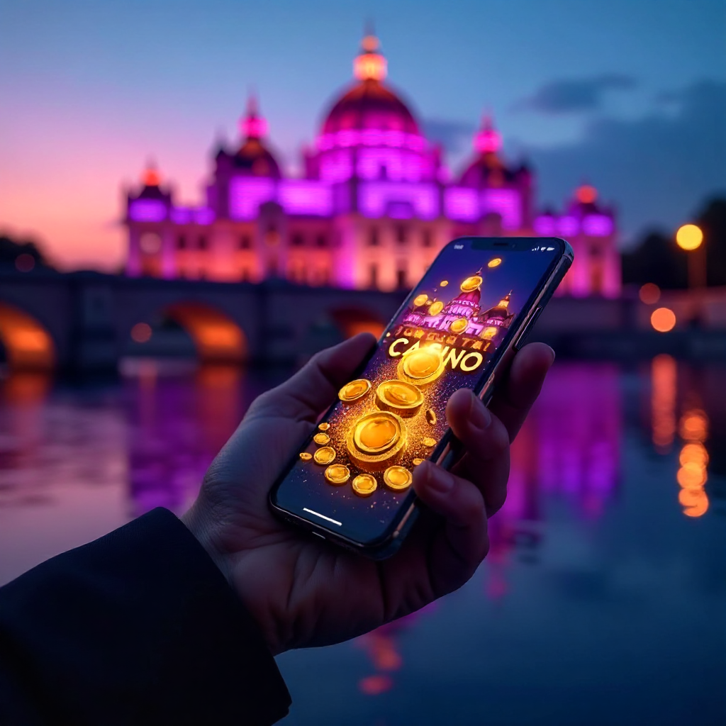 A hand holding a sleek smartphone with the Vox Casino app open, background featuring the Palace of Culture and Science in Warsaw at twilight, neon violet and gold brand colors, 3D golden coins and glowing slot symbols flying out of the screen, cinematic 8